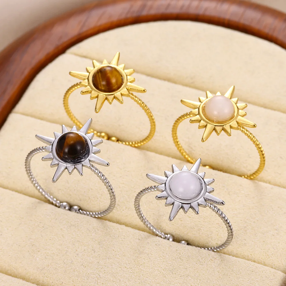 Sun Opal Ring For Women Stainless Steel Retro Charm Adjustable Open Rings Party Jewelry Best Friend Gift Bijoux Femme Anillos