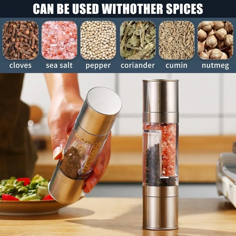 

2 in 1 Manual Salt Pepper Mill Stainless Steel Seasoning Bottle Adjustable Spice Grinder Containers Kitchen Grinding Spice Mill