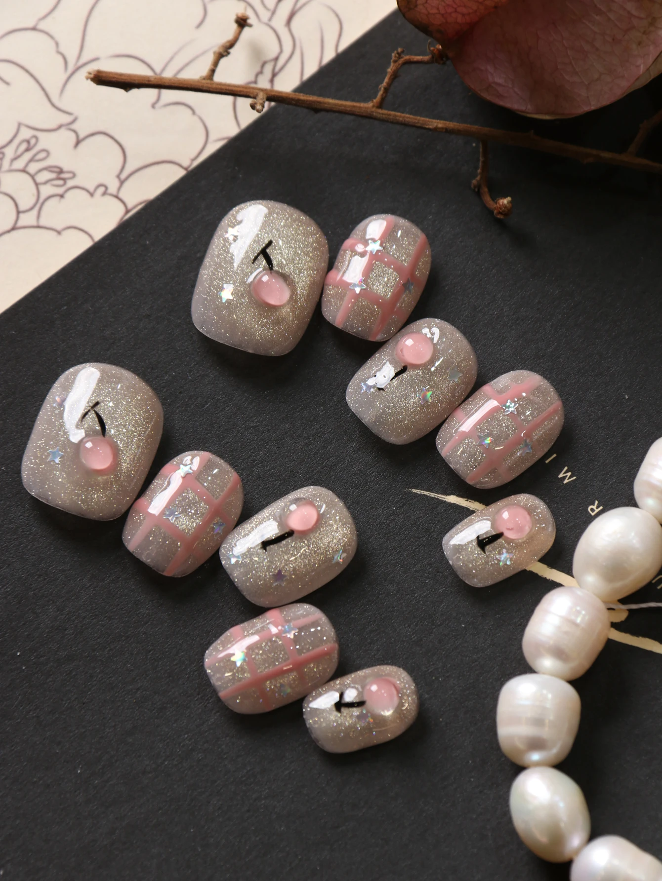 

10Pcs Short Acrylic Press-On Nails Pink Cute Cherry Fake Nails Includes 1 Sheet Adhesive Tabs & 1 Pc Mini File