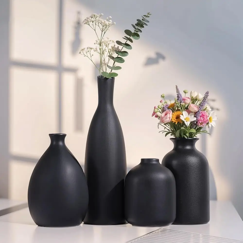 

Набор из 4 черных керамических ваз, матовые черные вазы для домашнего декора, маленькие керамические вазы для цветов, современный минималистичный декор