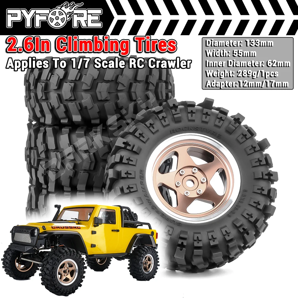 

PYFORE 2.6‘’ Beadlock Climbing Tires Metal Wheel Rim Hub 133x55mm Adapter 17mm/12mm for 1/7 RC Car Crawler MK07 JK07 Accessories
