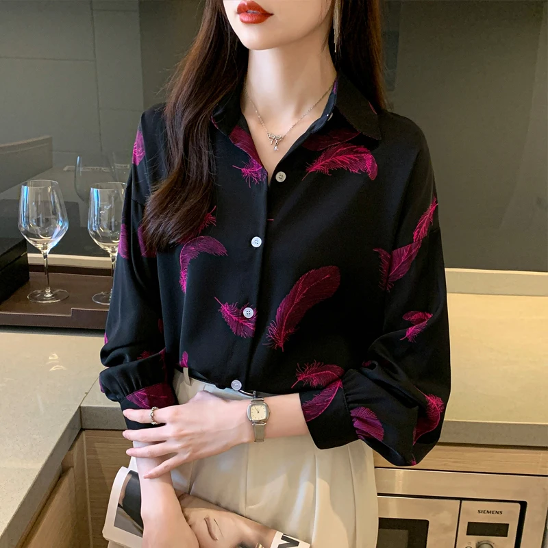 

Chiffon Women's Shirt Spring/Summer Printed Vintage Blouses Loose Polo-neck Women Tops Long Sleeves Fashion Clothing