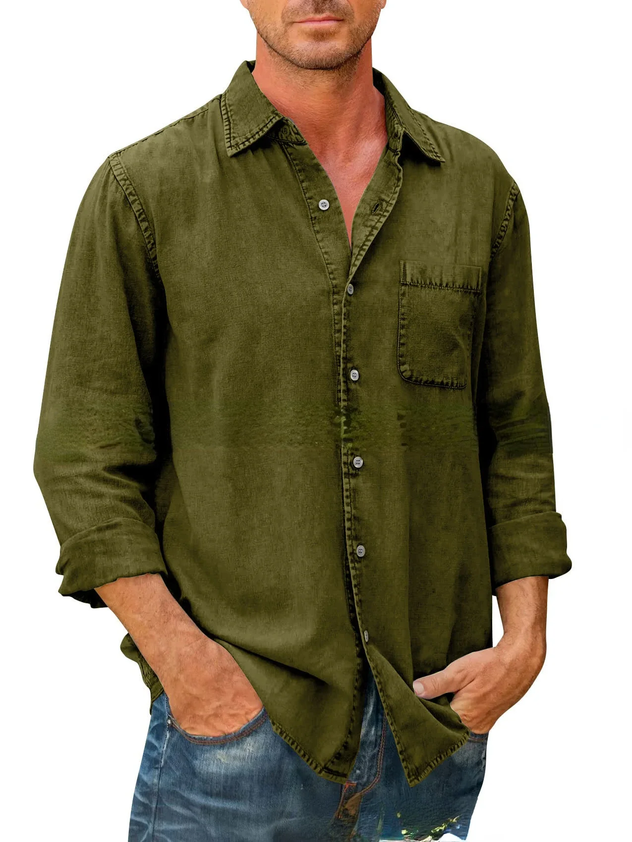 2024 Men\'s Casual Solid Color Long Sleeve Shirt Slim Lapel Shirt Streetwear Mens Shirts Linen Shirts Men T Shirt for Men