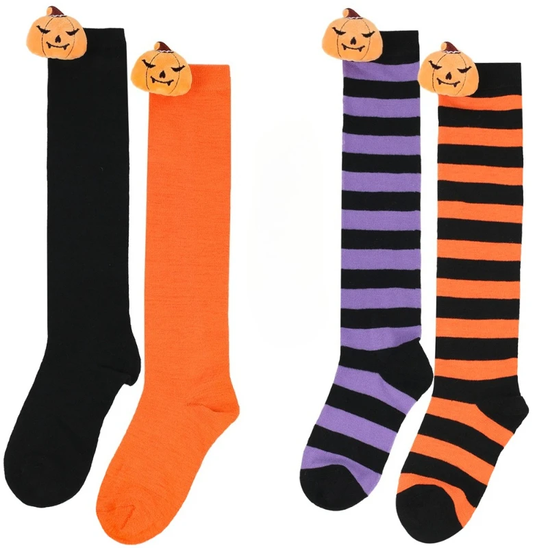 3 pairs Pumpkin Devil Halloween Socks Kids Girls Knee High Socks for Halloween Christmas Children Kawaii Striped Stockings