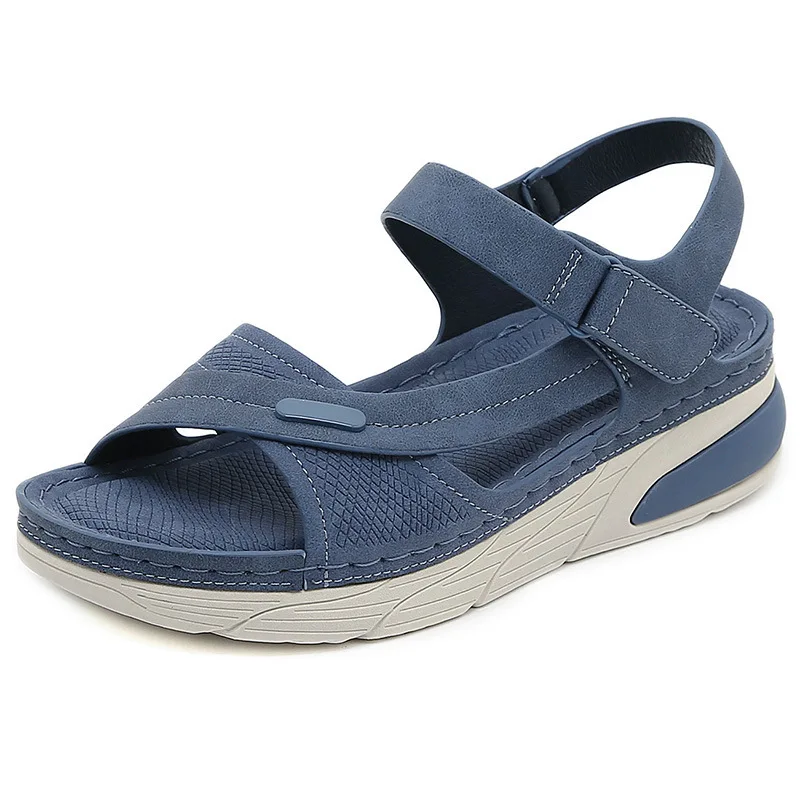 

NEW blue orthpedic sandals women's faux leather shoes summer strappy sandal elder woman wedged heel shoes comortable mom sandals