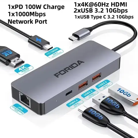 USB C 허브 3.2 10Gbps, 4K@60Hz HDMI - Type C VGA RJ45 오디오 포트 도킹 스테이션(노트북 PC MacBook Air Dell HP Samsung)