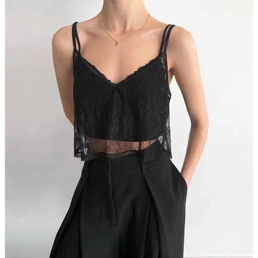 Sexy Lace Vest Summer Commute Style Short Length Pure Color V-Neck Strapless Transparent Design Women's Fashion Top