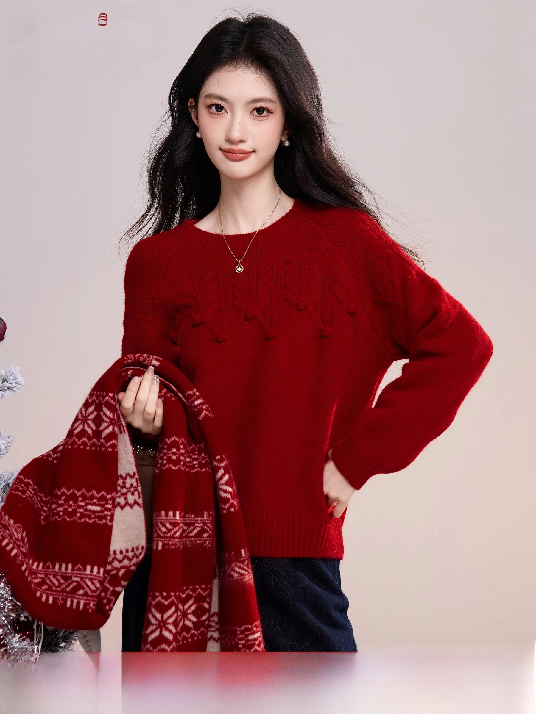 

Красный рождественский свитер женский, свободный, вязаный, теплый, с флисом, мягкий, с круглым вырезом, с длинным рукавом, повседневный, модный топ