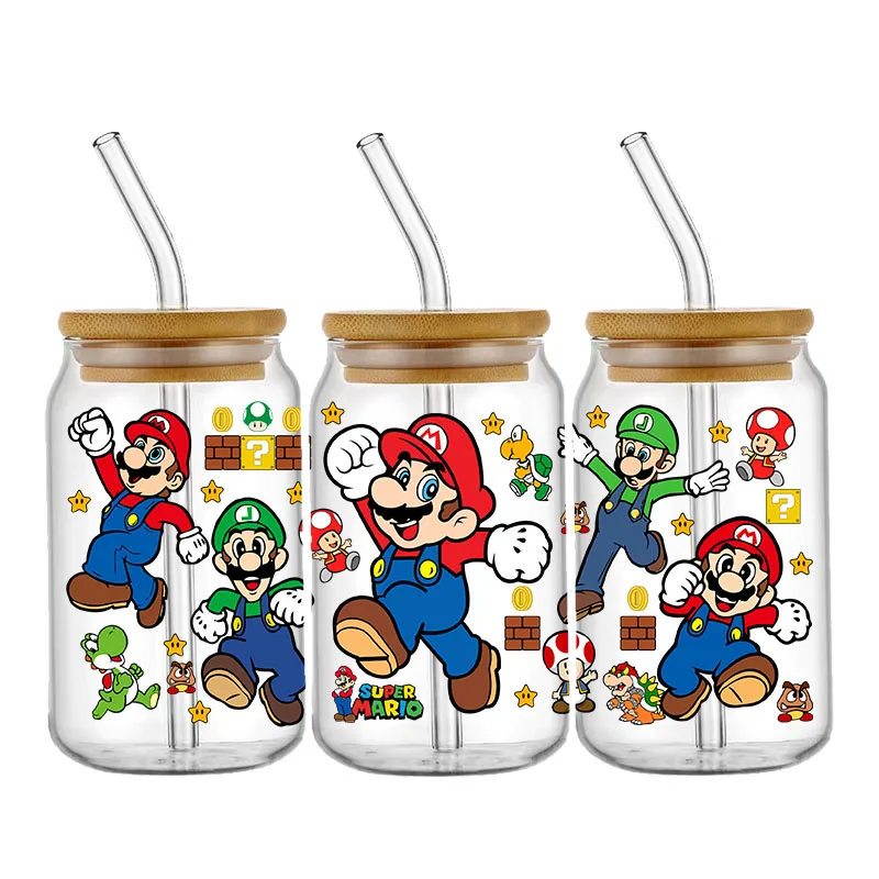 Bonito Mario UV DTF Cup Wrap Transfer Sticker, Impermeável Transfere Decalques para 16OZ Vidro De Café, DIY Wrap Adesivos