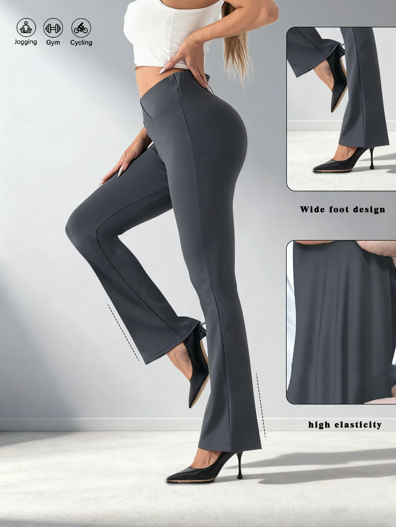 Calças femininas de perna larga ajuste fino elástico queimado calças primavera estilo cinza puro verão tamanho-etiquado calças de levantamento de quadril