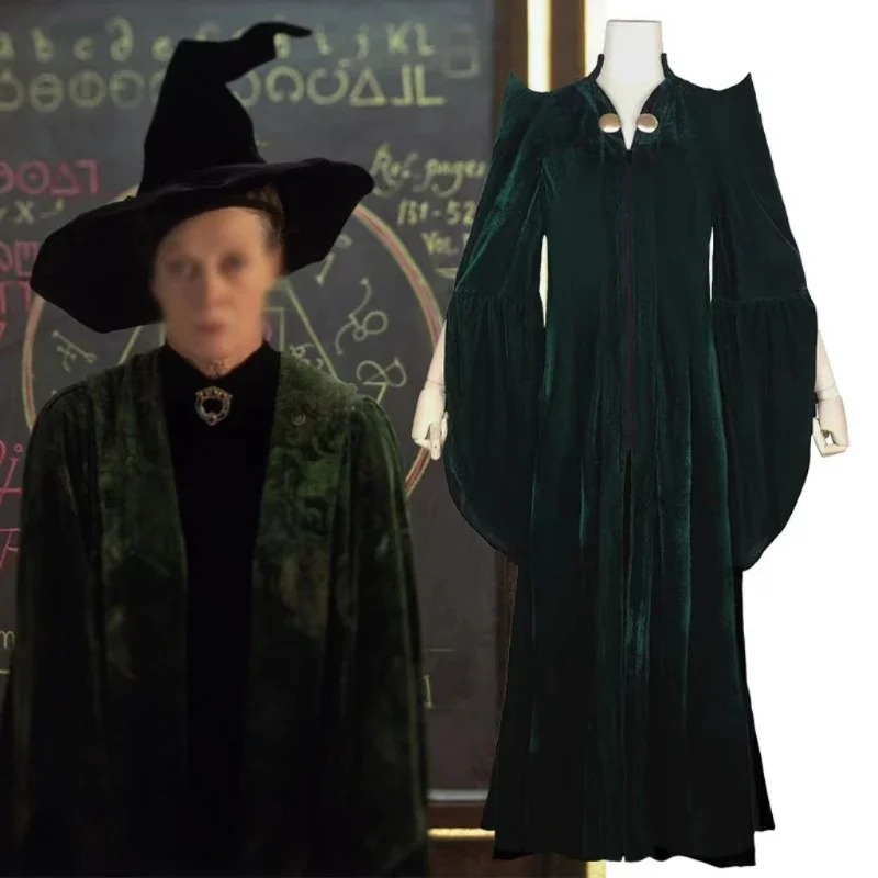 

Minerva McGonagall Cosplay High Quality Professor Costume Dress Green Cape Velvet Cloak Halloween Carnival Women Costume