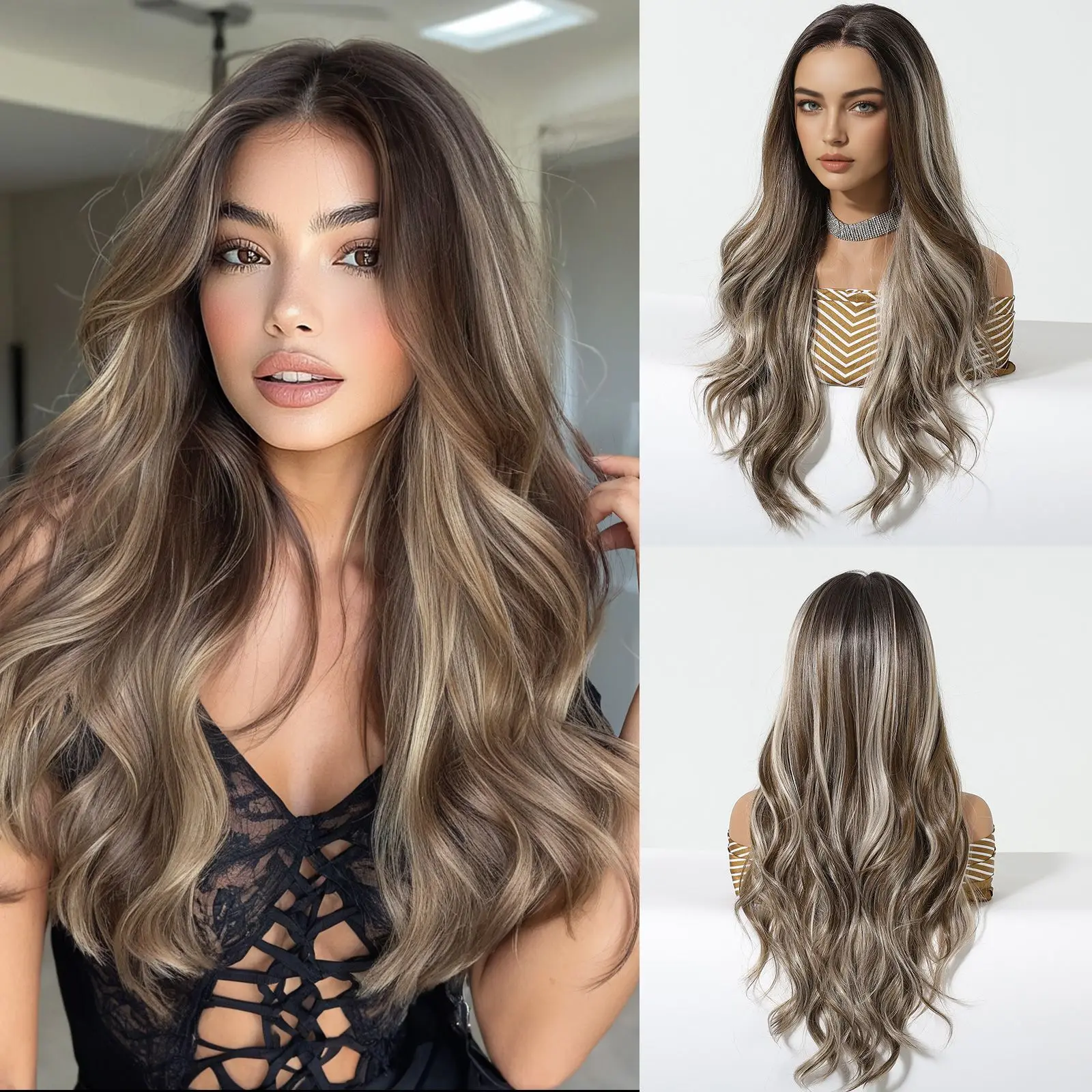 DWY Brown Blonde Highlight Synthetic Fiber Wig Long Wavy 13*6 Lace Front Wig For Women Free Part Natural Lace Wig Heat Resistant