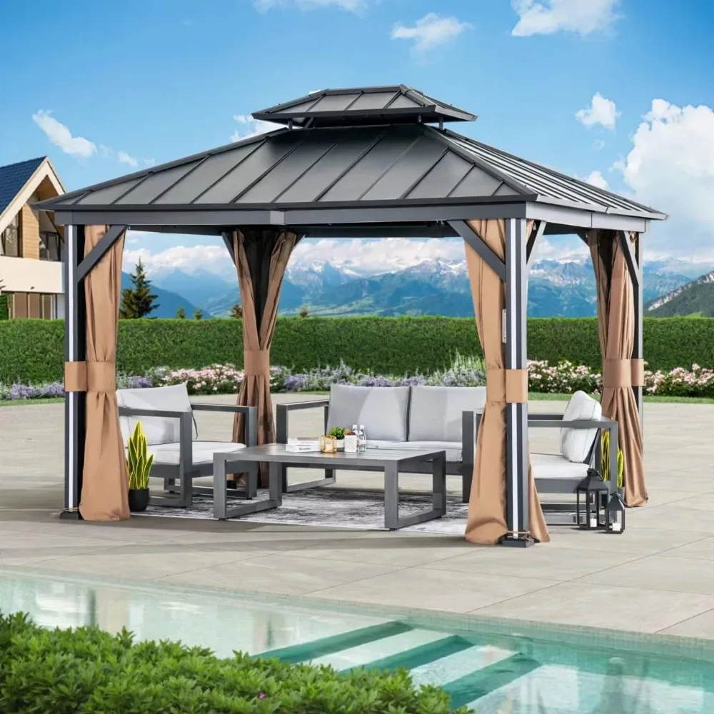 

Modern Shade Hardtop Gazebo 10' x 12' with 4 LED Strip Lights, Outdoor Gazebo with Galvanized Steel Double Roof, Patio