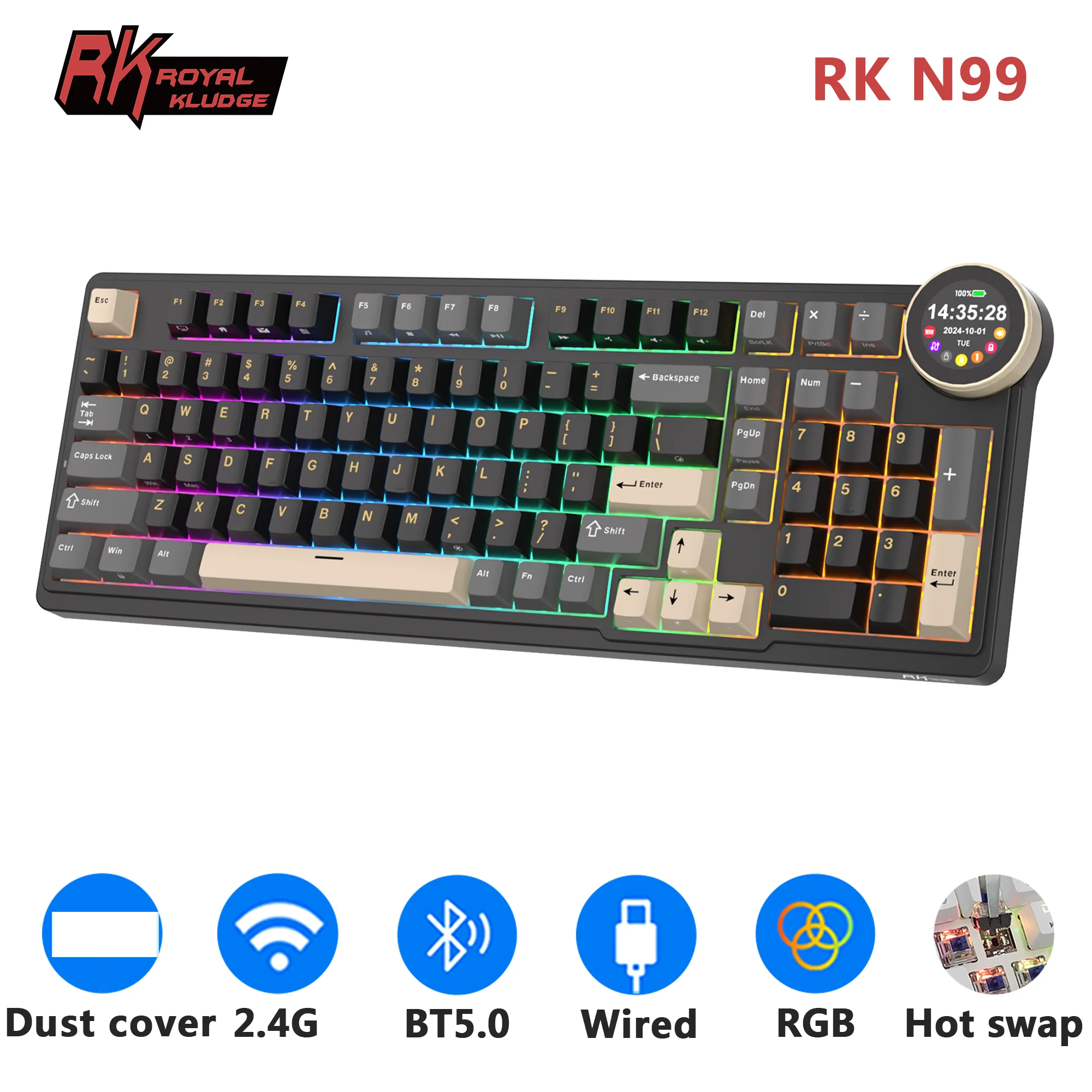 RK ROYAL KLUDGE N99 Multi-function Screen Mechanical Keyboard 98 PBT Keycaps RGB Gasket Tri-mode Gaming Keyboard Hot Swappable