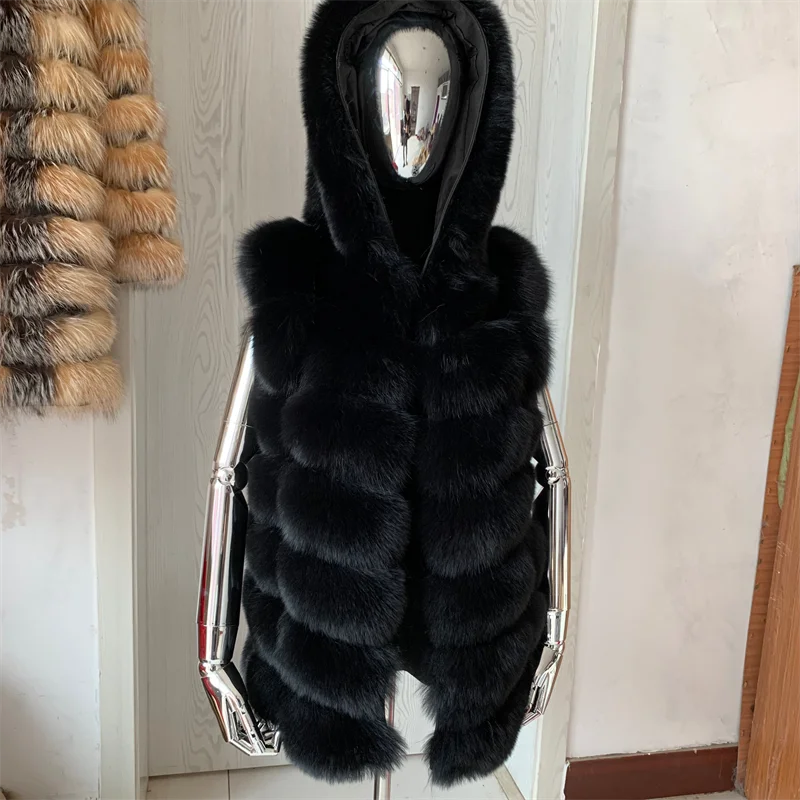 Women's fox fur vest hooded natural real fur making autumn and winter fashion warm raccoon sleeveless vest plus hat fur jacket