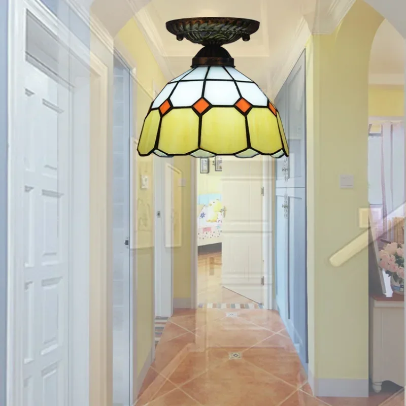 Vintage Aisle Ceiling Light Mediterranean Tiffany Porch Balcony Stair Light Creative Art Stained Glass Lamps Interior Lighting