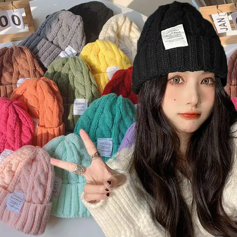 Women Baggy Slouchy Solid Wool Cap Colors Winter Knitted Beanies Hat for Outdoors Warm Bonnet Hoods Female Snow Ski Warmer Gorra