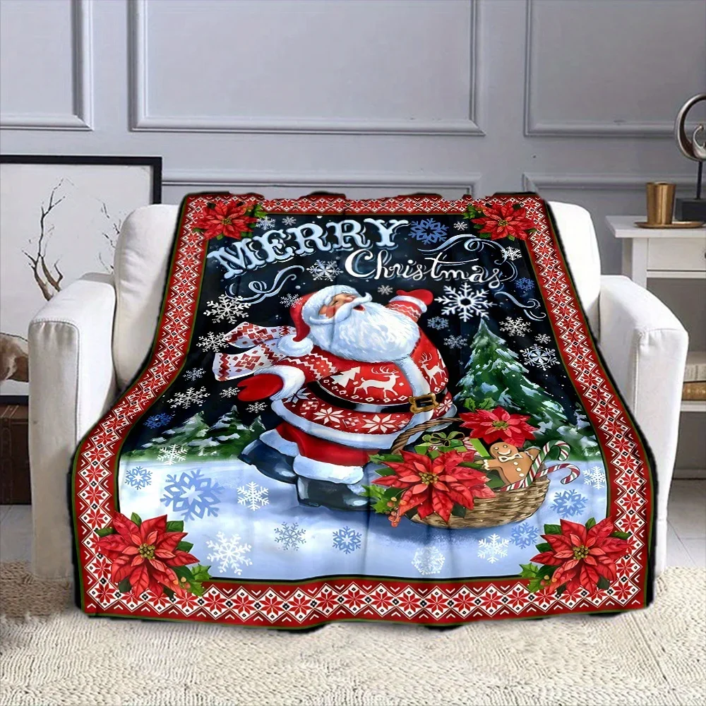 Christmas Santa Claus Snow Scene Soft Flannel Throw Blanket Digital Print Polyester Reversible All-Season Comfort Non-Woven