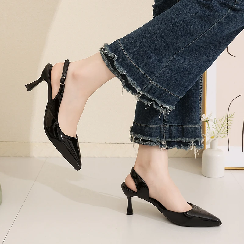 

Women Summer Pointed Toe Slingback Heels, Patent Leather Pumps with Adjustable Buckle, Classic Dress Shoes for Party and Office