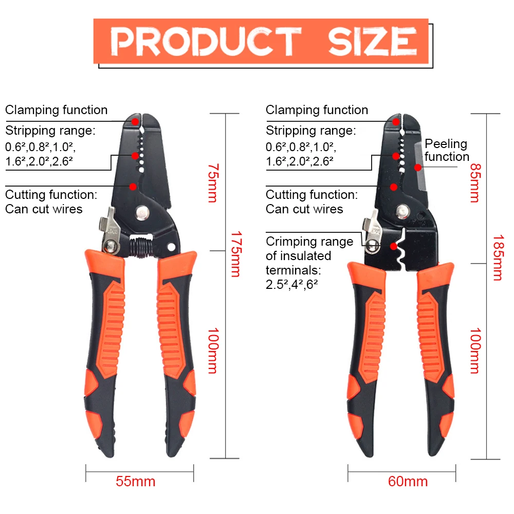 185mm Stripping Crimping Pliers Wire Stripper Multi Functional Ring Crimpper Electrician Peeling Network Cable Stripper Tools