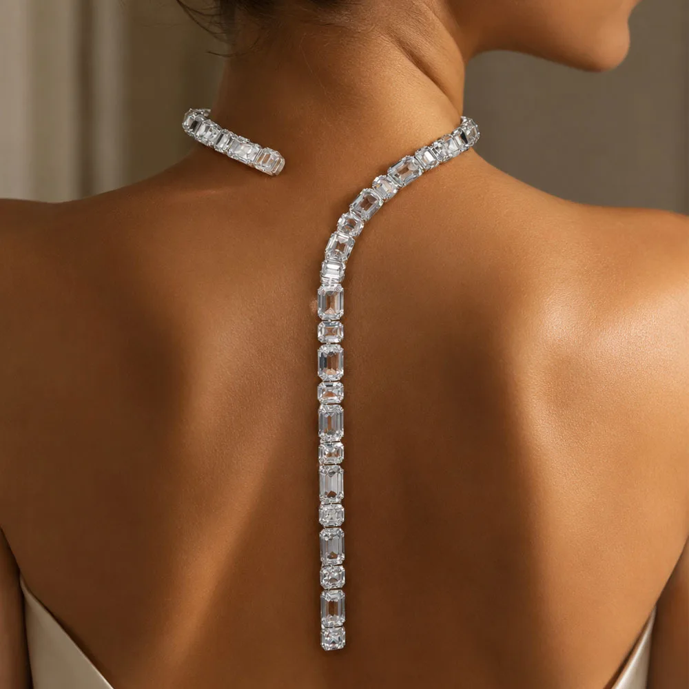 Luxury T Shape Necklace for Women Sparkly Rectangular Crystal Y Necklace Adjustable Choker Rhinestone Drop Necklace Prom Evening