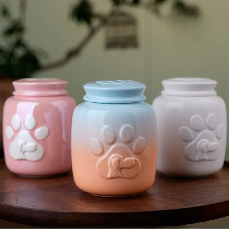 Ceramic Pet Urn Large Dog Cat Memorial Ashes Container Paw Embossed Cats Dogs Ash Box Pets Remembrance Funeral Keepsake Jar
