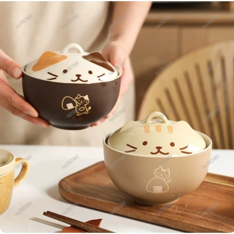 550ml Cartoon Cat Ceramic Instant Noodle Bowl With Lid Underglaze Color Soup Salad Bowl