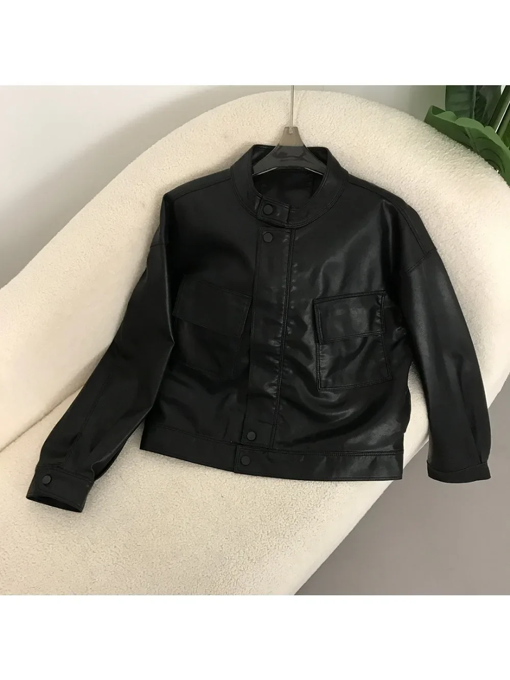 Short Coat Faux Leather Jacket 2024 Spring Autumn Women Pu Leather Motorcycle Female Vintage Sheepskin Loose Zipper Outwear