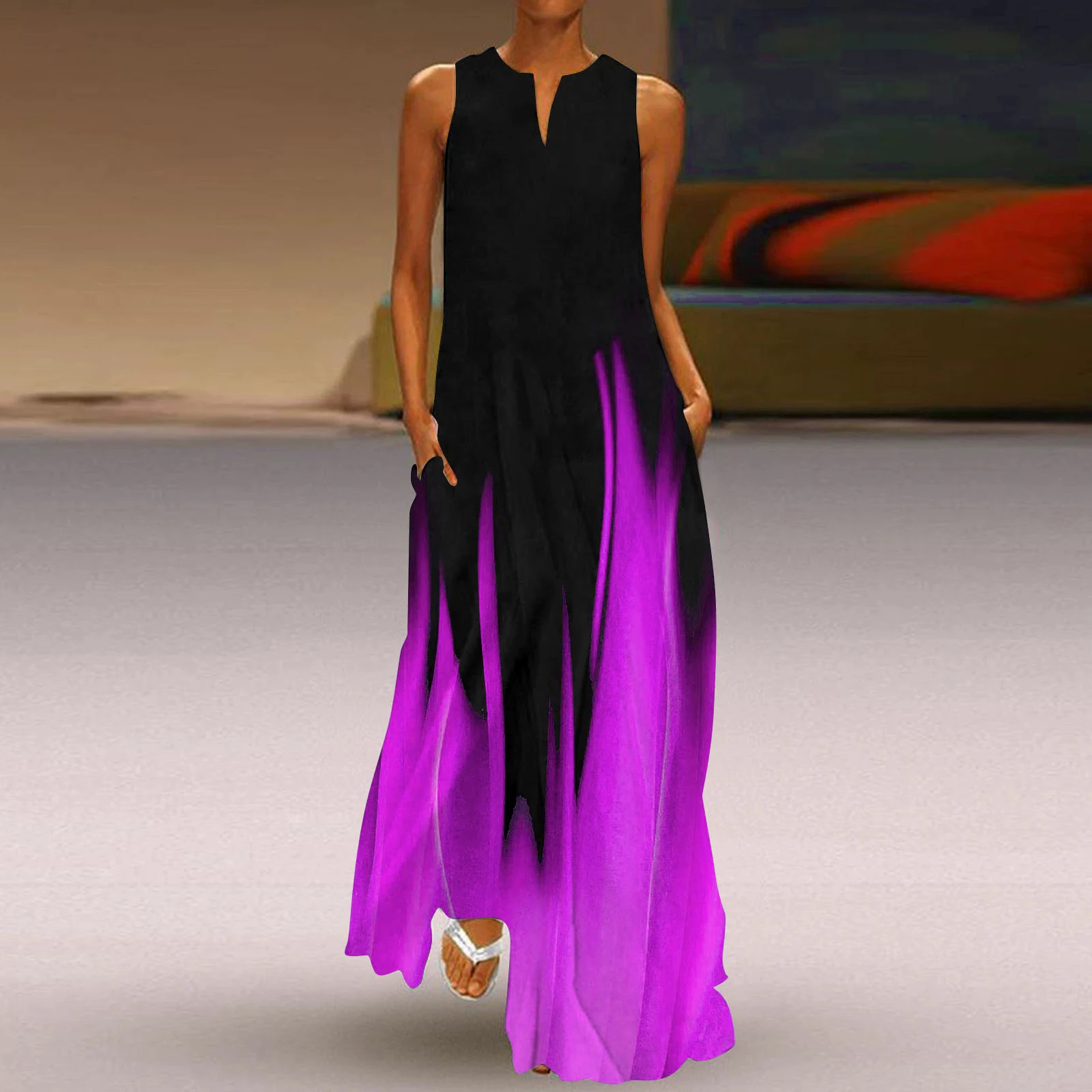 Summer Beach Casual Gradient Pattern Women Long Dresses Sleeveless 3D Print Street Tie-dye Ladies Maxi Dress 3XL Plus Size Dress
