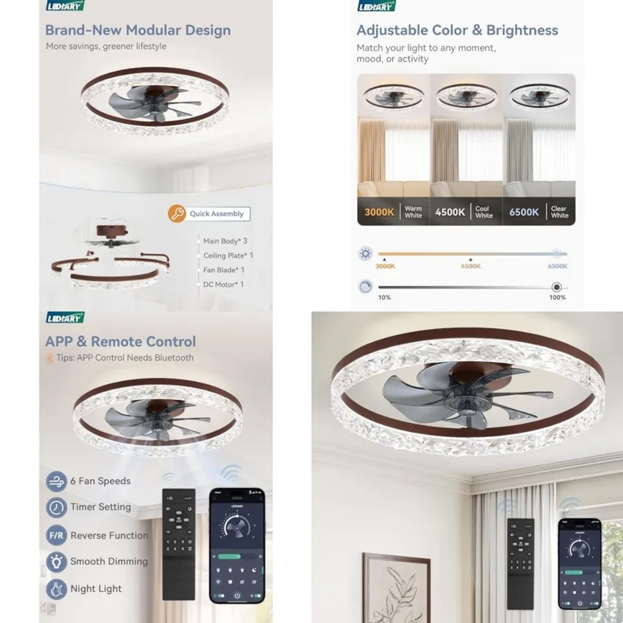 

20" Modern Ceiling Fans with Lights and Remote, Dimmable Low Profile Ceiling Fan, Flush Mount Ceiling Fan, Stepless Color Tempe