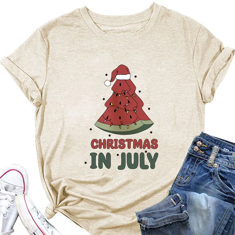 

Summer Casual Short Sleeve T-shirt christmas in july watermelon print loose O-neck casual plus size top