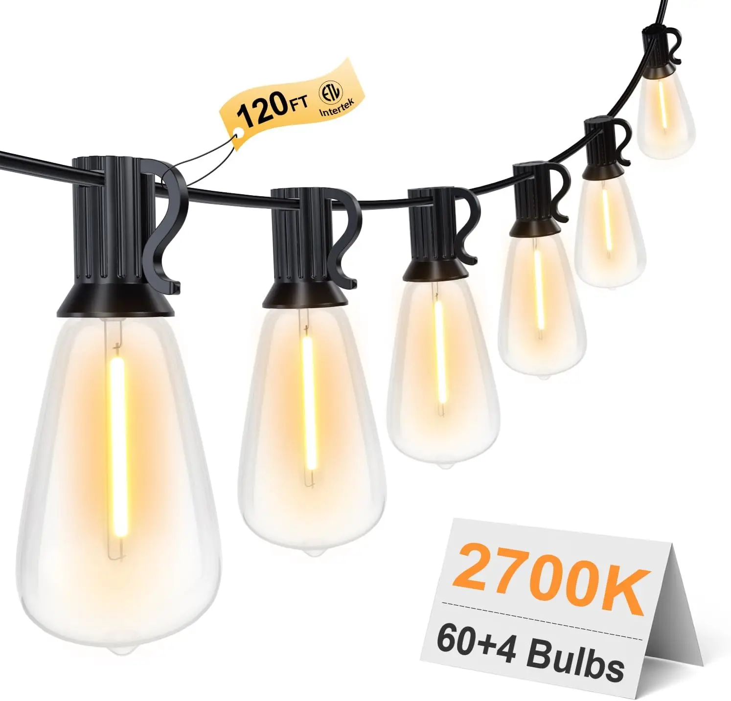 120FT Outdoor String Lights, Waterproof Patio Lights with 64 Hanging Lights ST38 Bulbs, 2700k Shatterproof