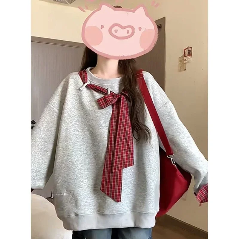 Fashionable Retro Checkered Splicing Sweet Tied Bow Off Shoulder Hoodie Early Spring Vacation Two Loose Long Daily Sleeves