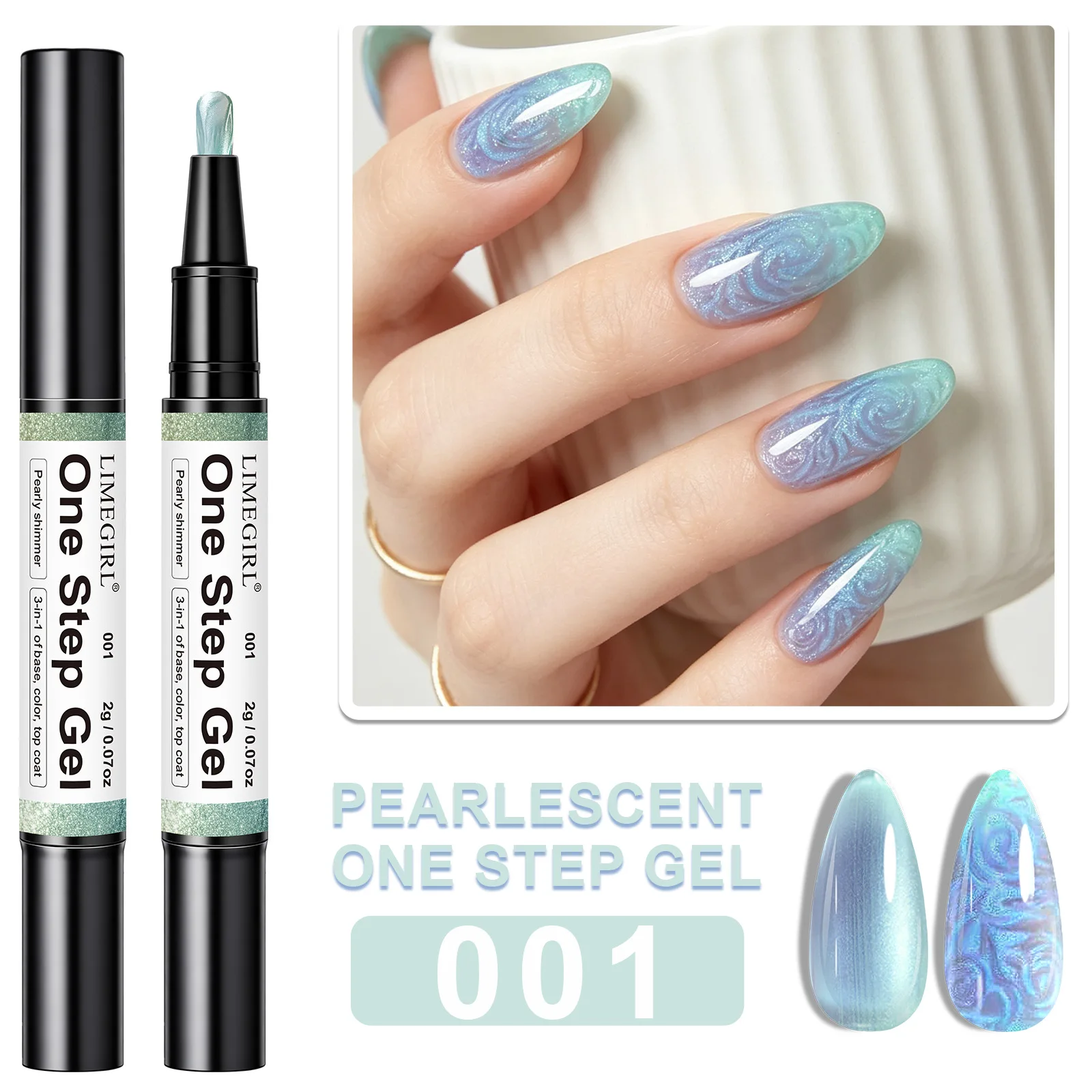 3-IN-1 Pearlescent One Step Gel Nail Polish Pen No Base Top Coat Needed Quick-Dry Long-Lasting UV LED Glitter Nail Gel Pen