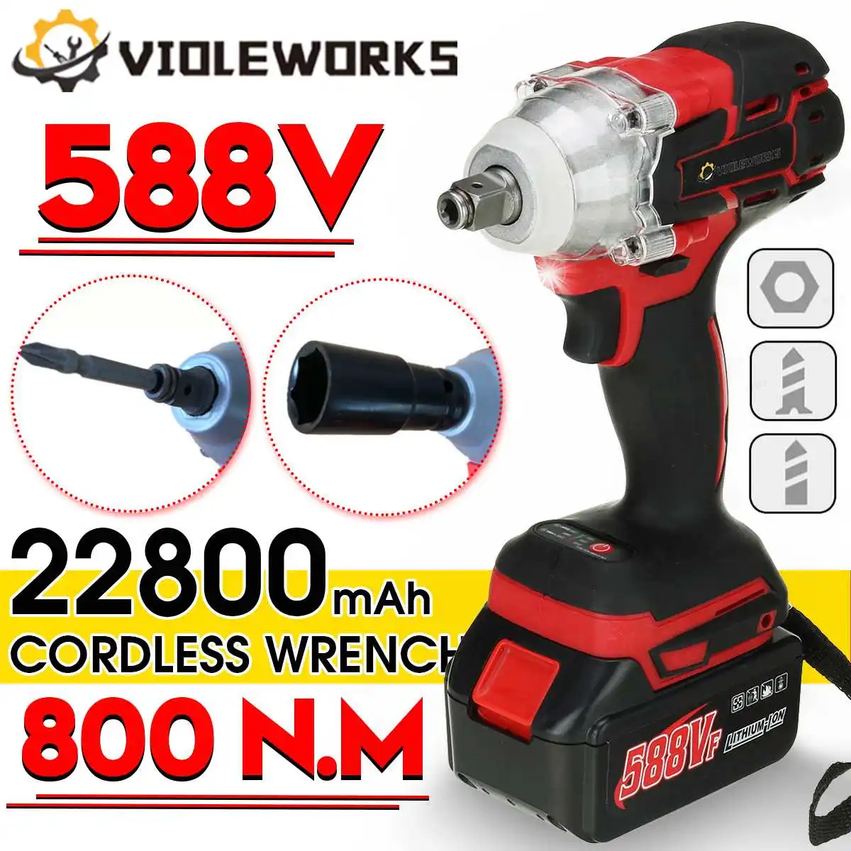 

VIOLEWORKS Brushless Electric Impact Wrench 580NM 1/2 Inch Cordless Screwdriver Car Tires Repairing Power Tool for 18V Battery