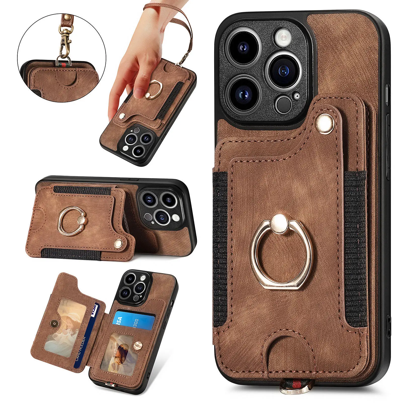 

Retro Leather Card Slots Wallet With Ring Business Case With Lanyard For iPhone 15 14 13 12 Mini 11 Pro XS Max X 7 8 Plus Cover