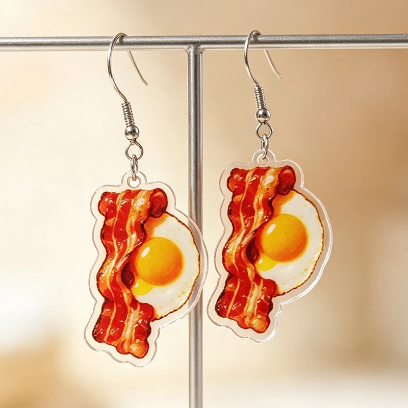Bacon Fried Egg Acrylic Stainless Steel Earhook Earrings Fun Breakfast Food Earrings Novelty Cute Women Daily Party Decoration