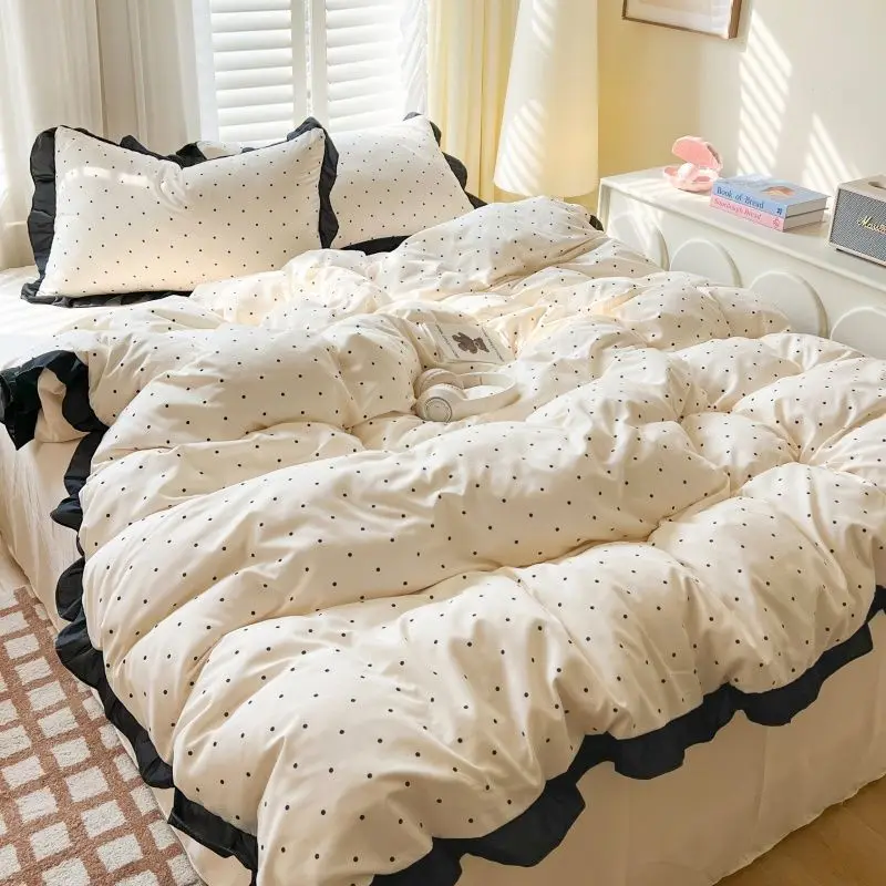 French-style Bedding Set Girl Ins Polka Dot Washed Cotton Student Dormitory Bed Sheet Duvet Quilt Cover Pillowcase Set