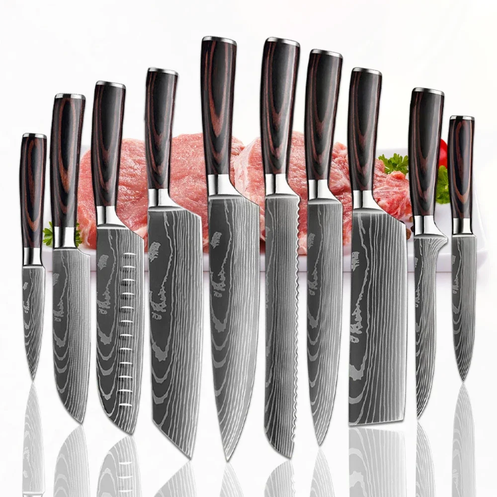 1-10PCS kitchen knives Set Laser Damascus Utility Paring Knife Santoku Cleaver High Carbon Steel Chicken Duck Shears Fish Cutter