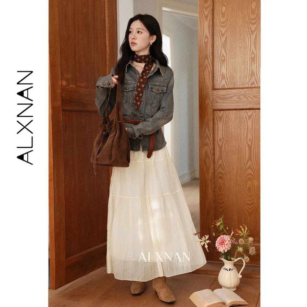 ALXNAN Apricot Skirt Women Autumn New High Waist Mesh Long Tiered Skirt 2026 Elegant Fashion Holiday Female Skirts L67737