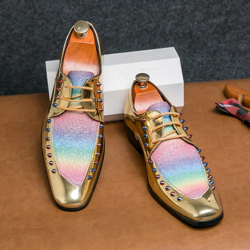 Fashion Men Rainbow Dress Chelsea Shoes Rhinestone Mens Wedding Oxford Gold Colorful Mens Casual Party Evening Groom Shoes