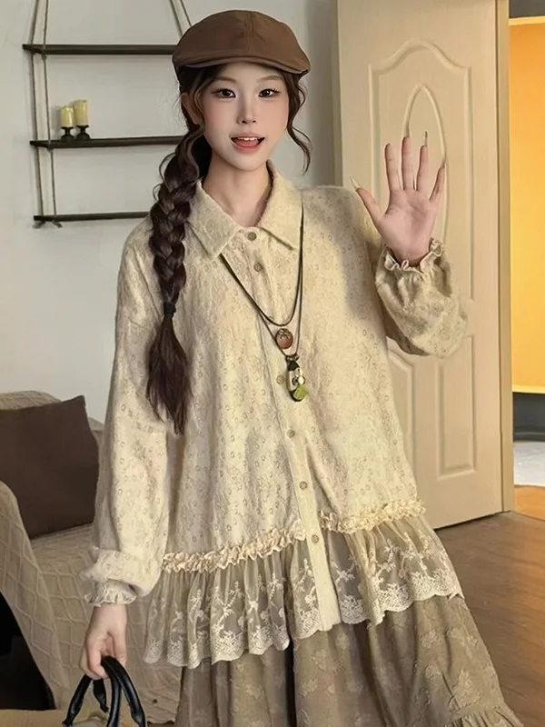 

plus Size Lace Patchwork Long Sve irt Women's Spring Slimming French Sle Loose Fit Floral Trim Top Ele Sensation