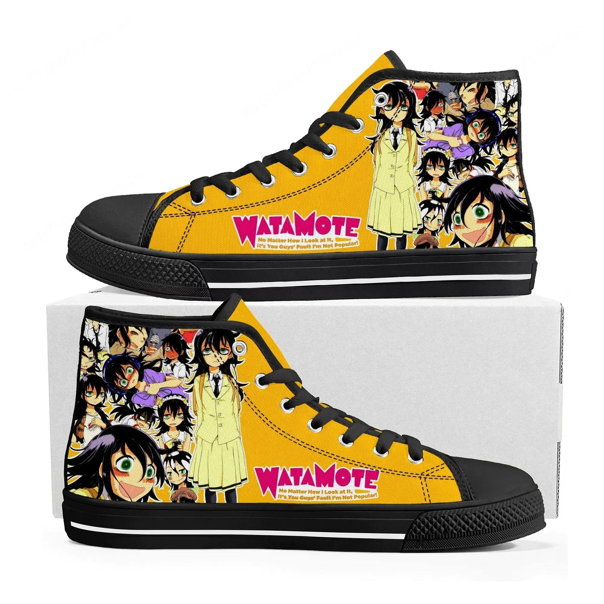 

Кроссовки Watamote Kuroki Tomoko, высокие кеды унисекс, высококачественные холщовые кроссовки, повседневная обувь с аниме-принтом, изготовленная на заказ