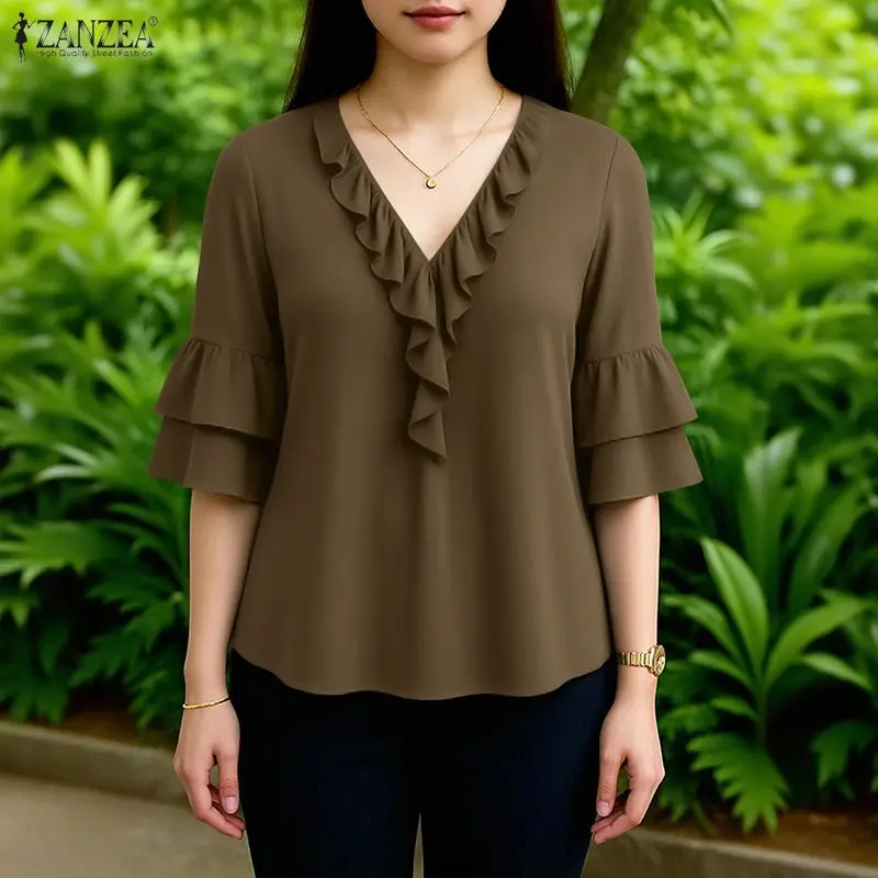 

ZANZEA 2026 Женская летняя блузка с рукавом 3/4 и расклешенным низом, элегантная рабочая рубашка с V-образным вырезом, повседневная однотонная свободная стильная блузка с рюшами для отпуска