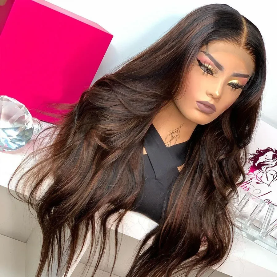 Ombre Highlight Brown Wave 28'' 5x5 Silk Base Glueless Jewish Human Hair Wig With Baby Hair HD Lace European Hair Preplucked