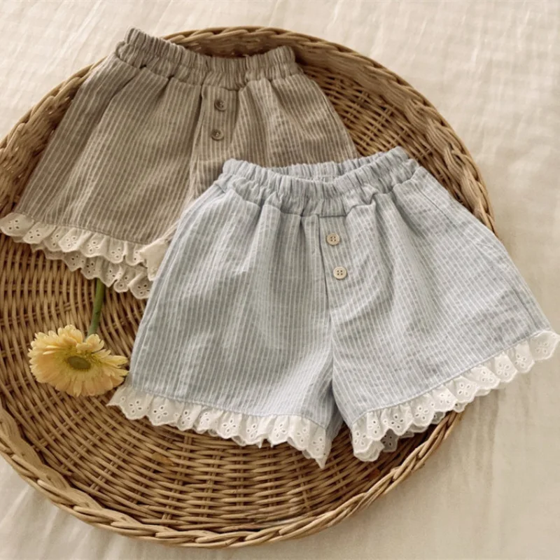Striped Ruffles Shorts for Girls 2026 New Summer Baby Girl Plaid Kids Pants Versatile Casual Korean Style Pants