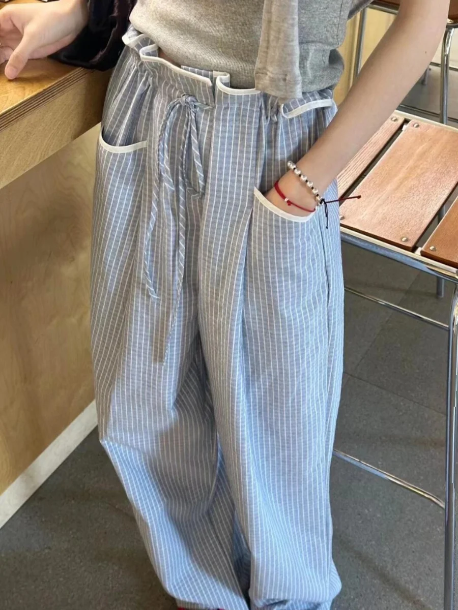 

Korean style Relaxed Fit Non-Tight Summer Plaid Drawstring Pants - Unique Design Women's Trousers