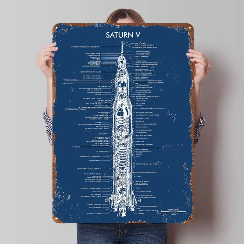 SATURN V ROCKET BLUEPRINT Poster Nasa Space Weißblechschild Wanddekorationsartikel Maßgeschneiderte Metallschilder für die Wandkunst zu Hause