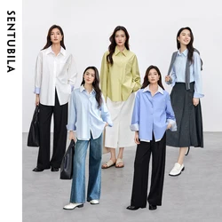 SENTUBILA Women's Lyocell Shirts Fashion Patchwork Striped Cuff Casual Comfort Embroidery Blouse 2026 Spring New 151C58882