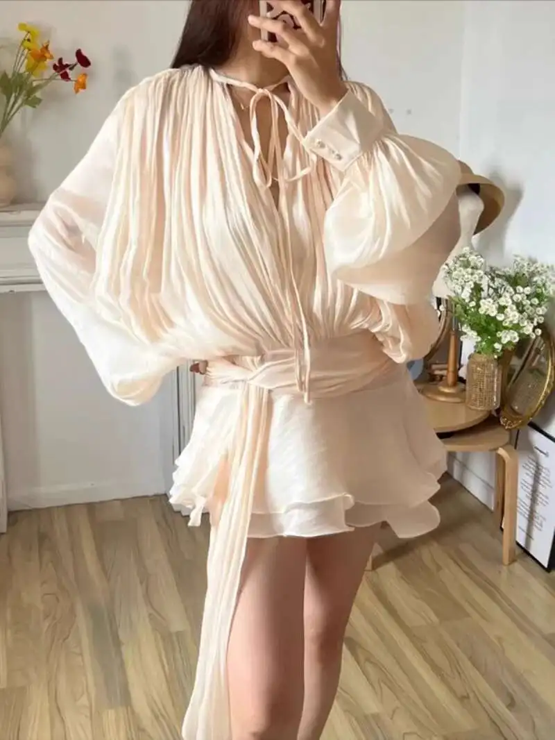 Beige Top Solid Blouse Mini Dresses For Women V Neck Long Sleeve Spliced Lace Up Sweet Style Dress Female Clothing Fashion  P7WI image 4